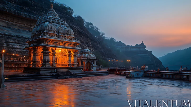 Illuminated temple pavilion beside riverside cliffs at dusk.