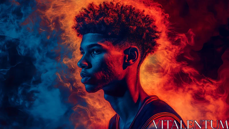 Dual-color portrait with blue shadow and fiery orange smoke.