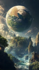 Floating terrestrial world above luminous fantasy landscape.