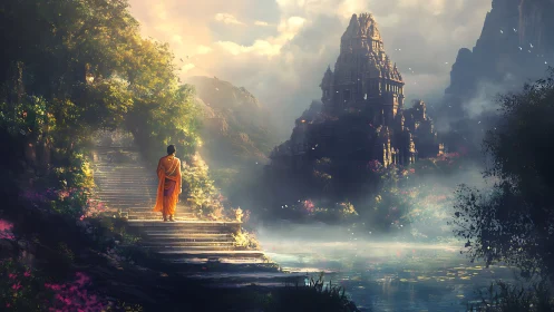 Monk in sunrise mist walking toward a tranquil hidden temple.