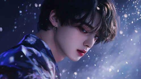 Luminous portrait of androgynous youth in particulate bokeh field.