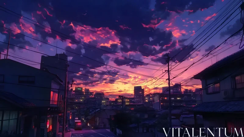 Urban street skyline under dense power lines at sunset.
