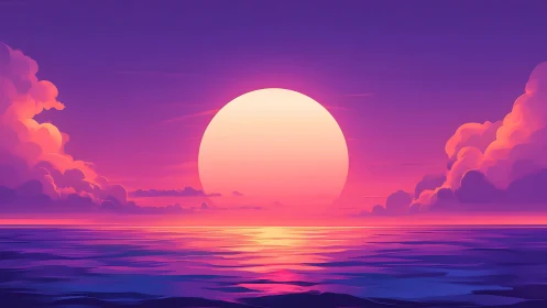 Radiant stylized sunset sphere dominates neon-tinted seascape