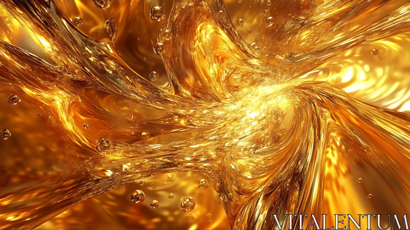 Abstract golden liquid swirl with glistening bubbles in digital art.