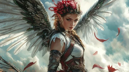 Fierce winged guardian poised in clouds with scarlet petals.