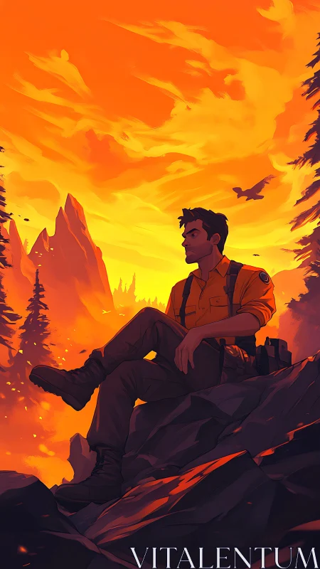 Wildland ranger resting on basalt outcrop at fiery sunset