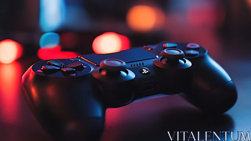PlayStation controller positioned on illuminated surface with ambient lighting effects