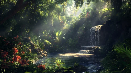 Hidden jungle waterfall pool kissed by soft morning light.