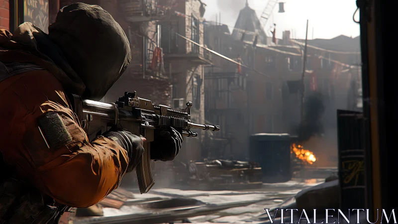 Hooded rifleman advances through war‑torn urban street.