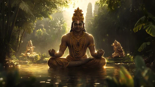 Golden robed deity meditates in jungle river clearing
