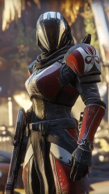 Solar armored guardian pauses between battles, quietly ready.