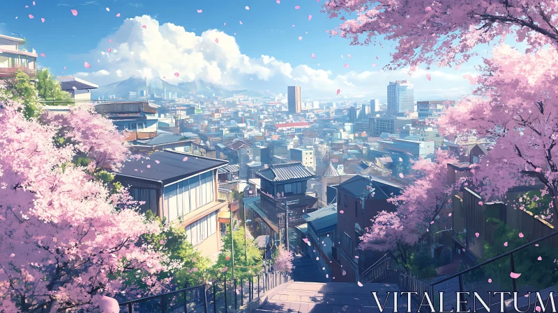 Blossoming hilltop city stairs welcome a gentle spring day