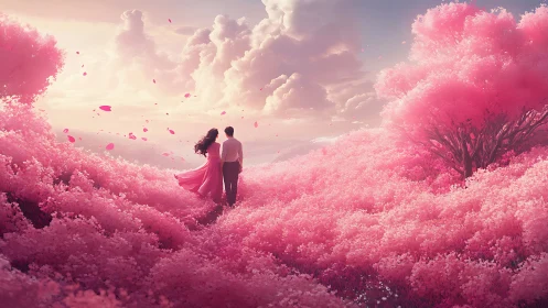 Couple silhouetted in surreal pink landscape with volumetric clouds.