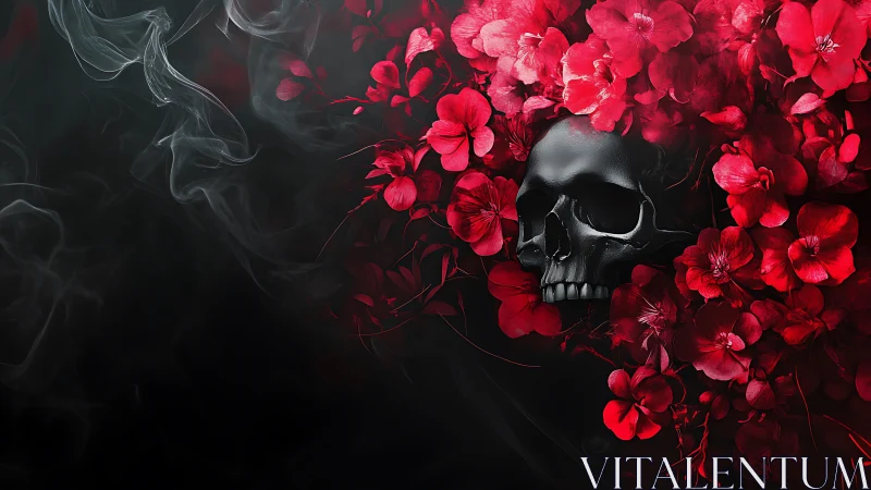 Black human skull framed by dense red floral cluster.