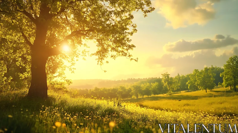 Backlit oak and meadow capture golden hour atmospheric light
