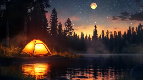 Glowing lakeside tent under star-filled twilight sky.