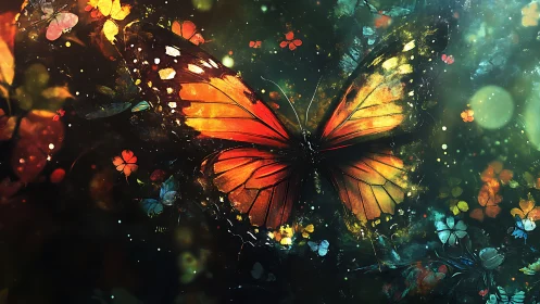 Radiant monarch butterfly glows amid dreamy floral sparks.