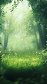 Sunlit Forest Pathway with Luminous Trees and Grass.