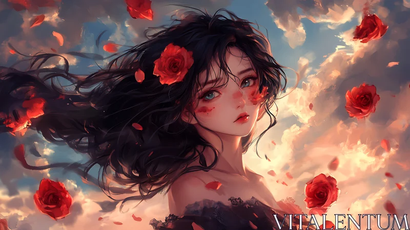 Rose-touched dreamer drifting through a painted sunset sky.