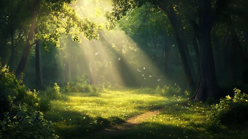 Enchanted forest clearing with sunrays and vibrant greenery, digital art.