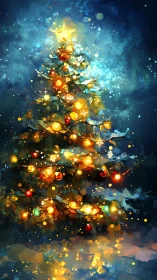 Illuminated decorated Christmas tree in night setting scene.