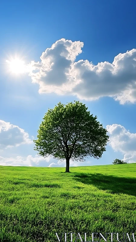 Solitary hilltop tree bathing in wild noonlight serenity.