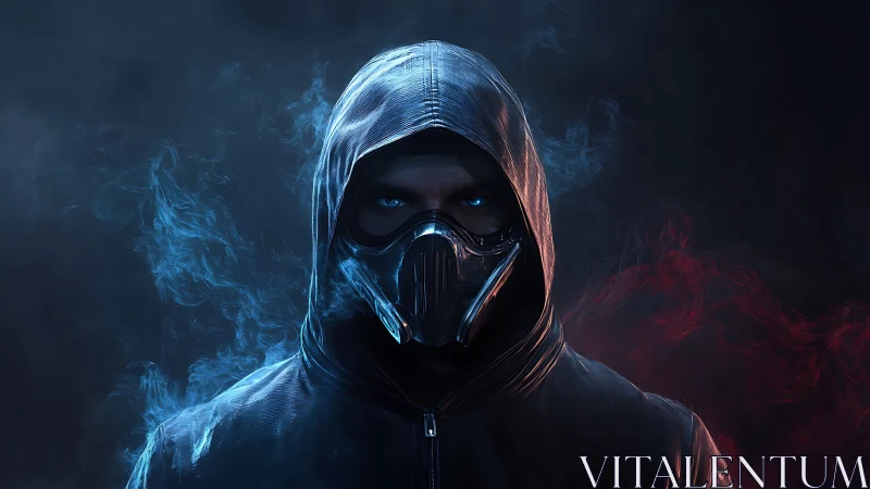 Hooded masked figure stands in blue and red drifting smoke