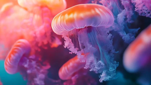 Bioluminescent jellyfish rendered in neon bokeh color field