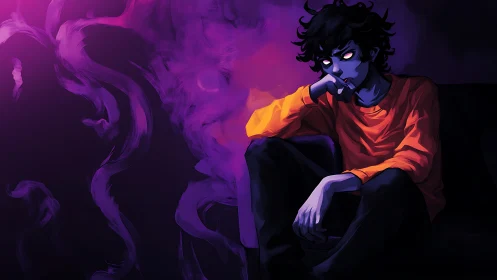 Digital painting of brooding figure in violet negative space.