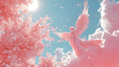 Celestial pink angel ascends between clouds and blossoms