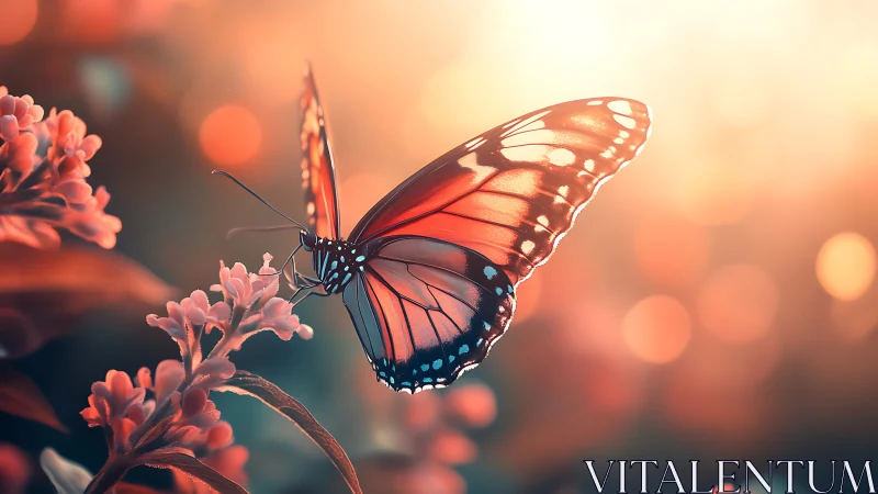 Gentle butterfly resting in glowing sunset garden light.