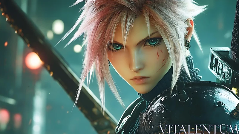 Sword wielding anime warrior stares forward in teal light