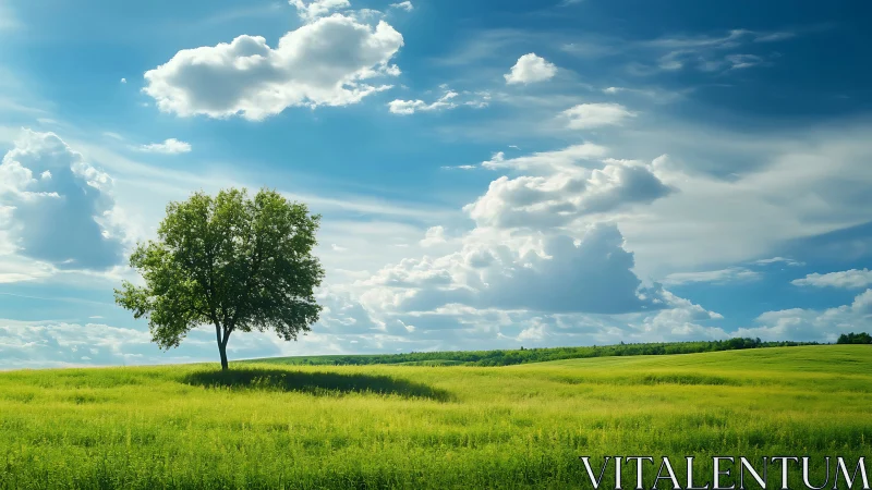 Solitary tree anchors luminous meadow under expansive sky