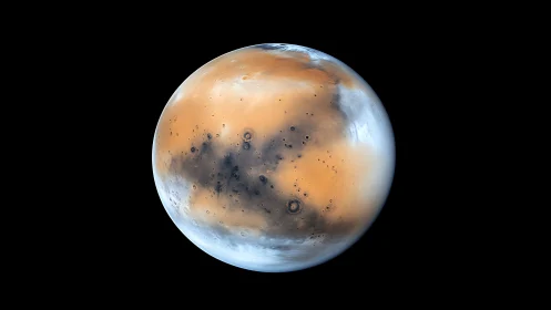 Mars glows in deep space with detailed craters and clouds.
