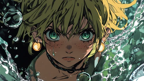 Freckled anime swimmer stares forward underwater in motion