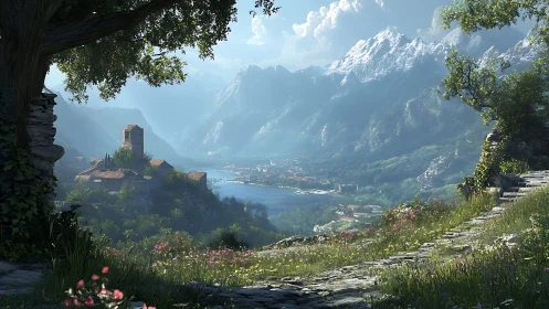 Sunlit terraced village above alpine lake and snow peaks.