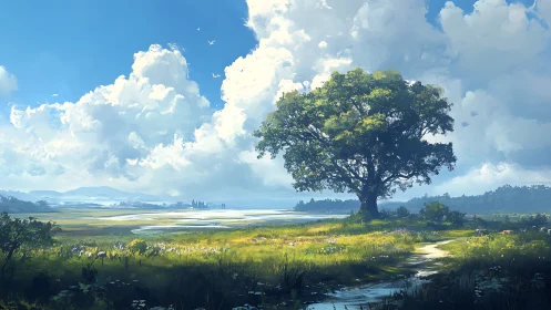 Solitary tree stands in illuminated meadow under dense clouds