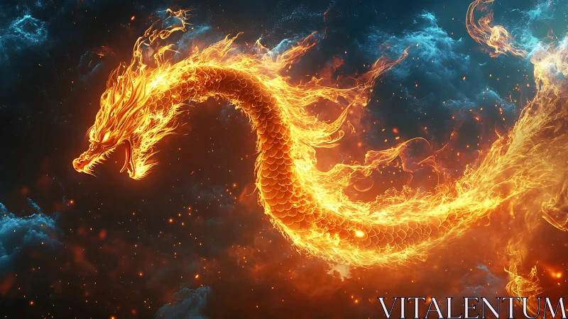 Starborne fire dragon coils through nebulae in blazing grace