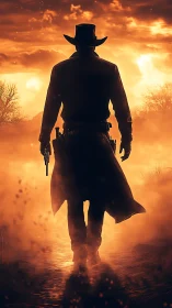 Silhouetted gunslinger walks through backlit dusty landscape