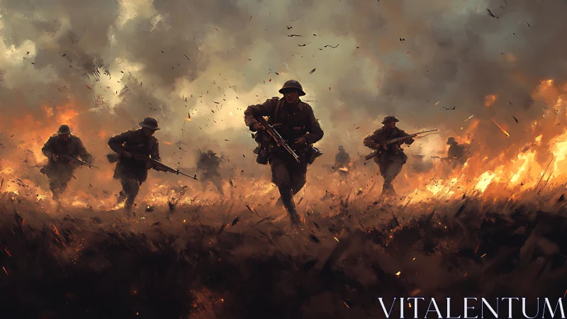 Soldiers Charge Through Fiery Battle Scene