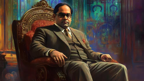 Regal statesman seated in ornate chair, luminous interior backdrop.