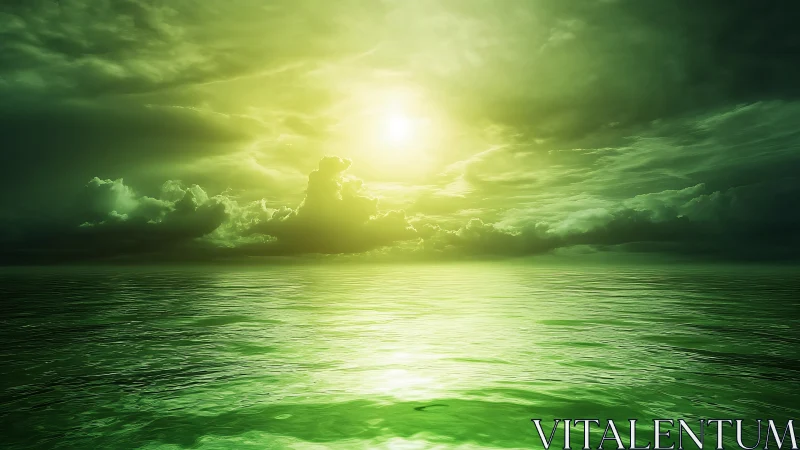 Emerald ocean horizon under glowing surreal green sun.