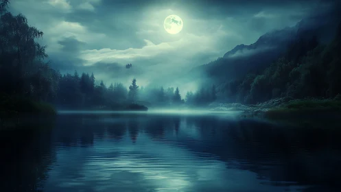 Nocturnal misted mountain lake under full moon backlighting