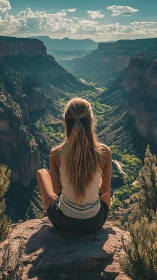 Solitary hiker surveys sunlit canyon valley from cliff edge