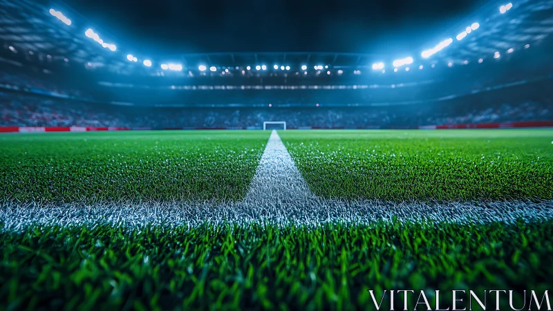 Soccer pitch touchline under stadium floodlights at night