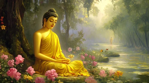 Serene Buddha meditation beside misty forest stream at dawn.