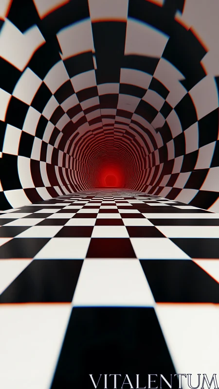 Checkered vortex corridor dissolving into a red horizon.