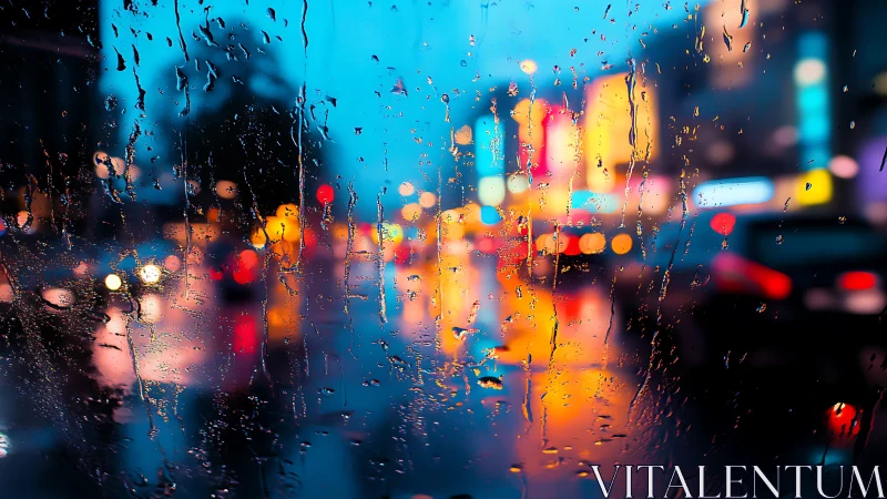 Rain-streaked car window with defocused neon city traffic at dusk