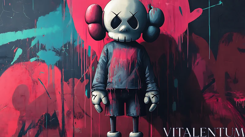 Graffiti-style skull character stands amid neon dripping paint