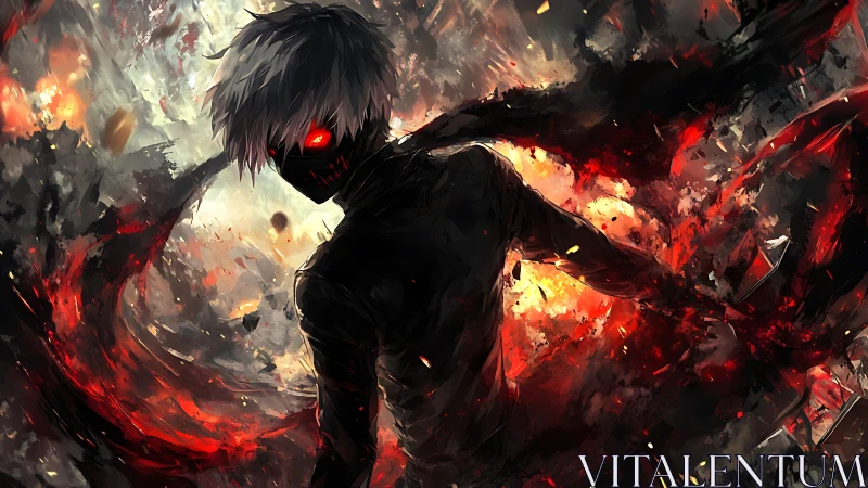 Masked ghoul commands crimson energy amid burning chaos.